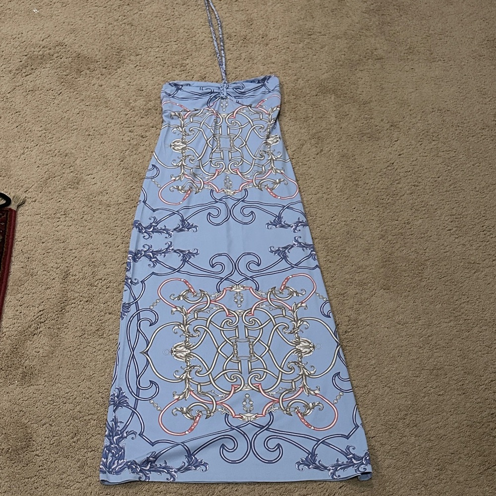 J. McLaughlin Light Blue Printed Strapless Maxi Dress